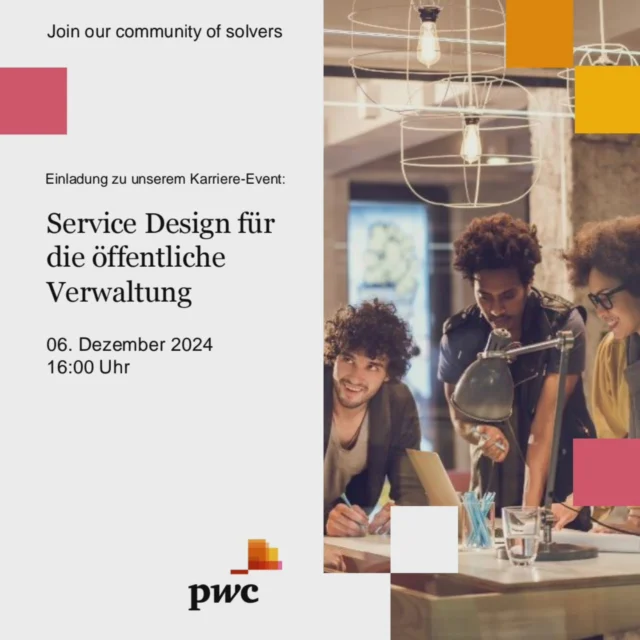 SIDUM x PwC am 06.12. in Berlin: Service Design für die öffentliche Verwaltung 
 
"Habt ihr euch schon einmal gefragt, wie Services für Bürger:innen effektiver und nutzerfreundlicher gestaltet werden können? In unserem interaktiven Workshop teilen wir unsere Erfahrungen aus dem Public Sector Consulting, tauchen mit euch in die Welt des Service Designs ein und entdecken innovative Ansätze und Arbeitsweisen aus der Praxis. Ihr lernt, wie ihr die Bedürfnisse der Bürger:innen in den Mittelpunkt stellen und kreative Lösungen entwickeln könnt, um die Verwaltung von morgen zu gestalten.
 
🔍 Was erwartet euch?
• Spannende Einblicke in die Prinzipien des Service Designs
• Praktische Übungen, um eure Ideen direkt umzusetzen
• Austausch mit Expert:innen und Praktiker:innen aus der öffentlichen Verwaltung
• Die Chance, an realen Herausforderungen zu arbeiten und gemeinsam Lösungen zu entwickeln
Seid dabei und gestaltet die Zukunft der öffentlichen Dienste aktiv mit!
 
📅 Wann: Freitag der 06.12.2024, 16:00-19:00 Uhr
📍 Wo: PwC Berlin, Kapelle-Ufer 4, 10177 Berlin
🔗 Anmeldung: Link in der Bio✌🏼
 
Wir freuen uns auf euch und eure kreativen Ideen! Gemeinsam können wir die Verwaltung zu einem besseren Ort für alle Bürger:innen machen."

@pwc_de

Im Anschluss an das Event besteht die Möglichkeit Weihnachstmärkte und das Berliner Nachtleben auszuchecken🙌🏼